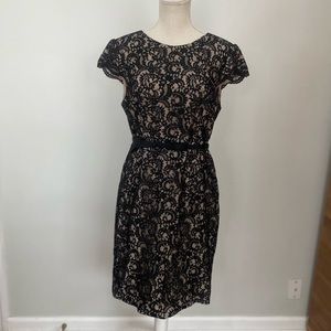 Talbots Black Lace Cap Sleeve Fitted Midi Dress w Pencil Skirt & Narrow Belt